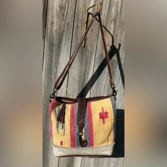 Myra Bag Yellow Western Shoulder Bag Gray Hairon Cowhide Canvas & Leather EUC - Picture 2 of 11